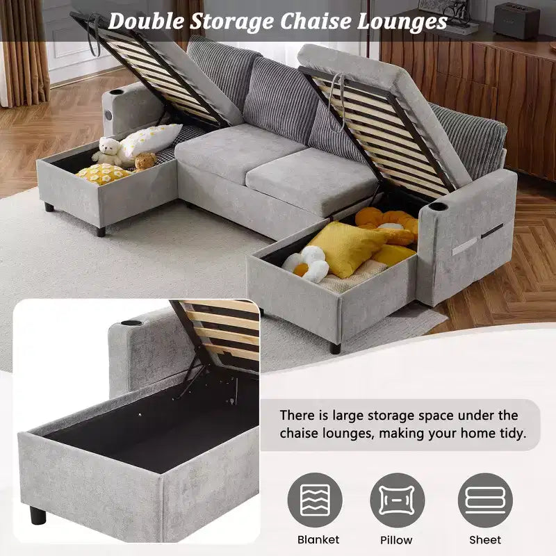 Divano componibile Whisen 113.4, divano letto estraibile, divano versatile con ampio spazio contenitore, due portabicchieri