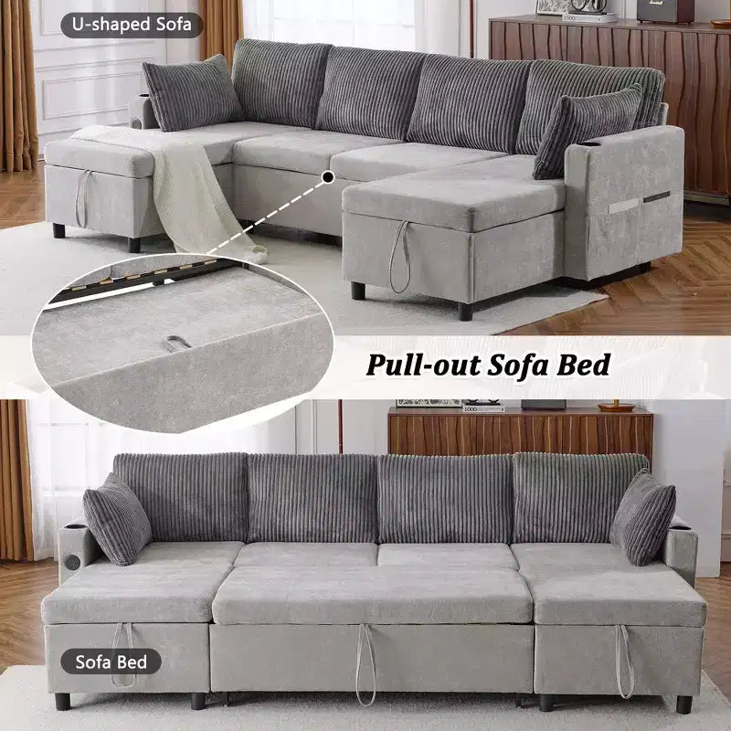 Divano componibile Whisen 113.4, divano letto estraibile, divano versatile con ampio spazio contenitore, due portabicchieri