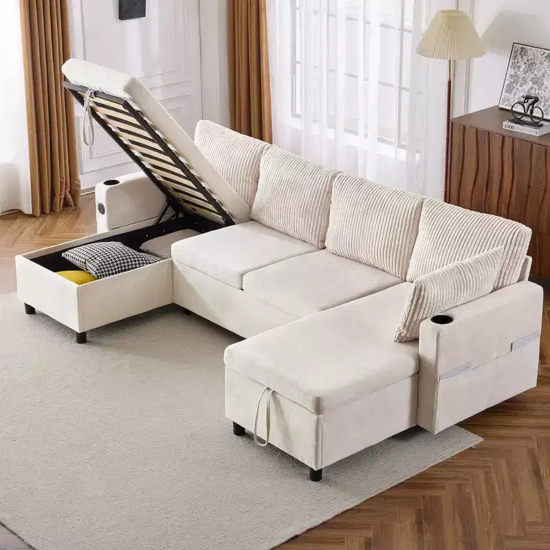 Divano componibile Whisen 113.4, divano letto estraibile, divano versatile con ampio spazio contenitore, due portabicchieri