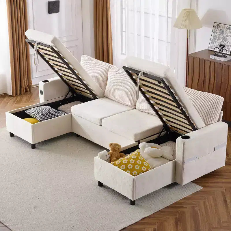 Divano componibile Whisen 113.4, divano letto estraibile, divano versatile con ampio spazio contenitore, due portabicchieri