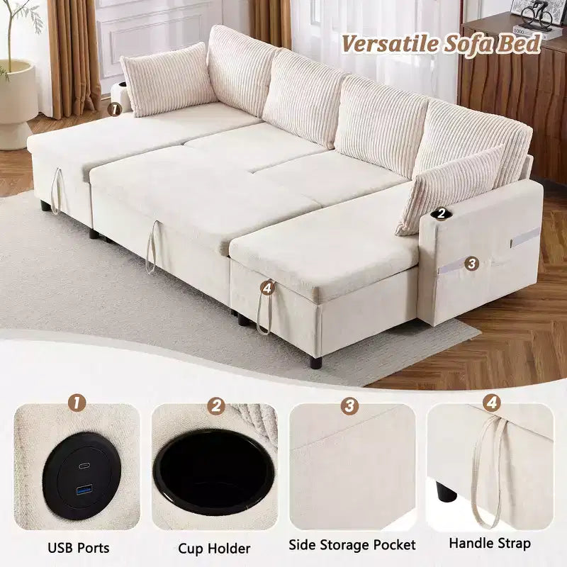 Divano componibile Whisen 113.4, divano letto estraibile, divano versatile con ampio spazio contenitore, due portabicchieri