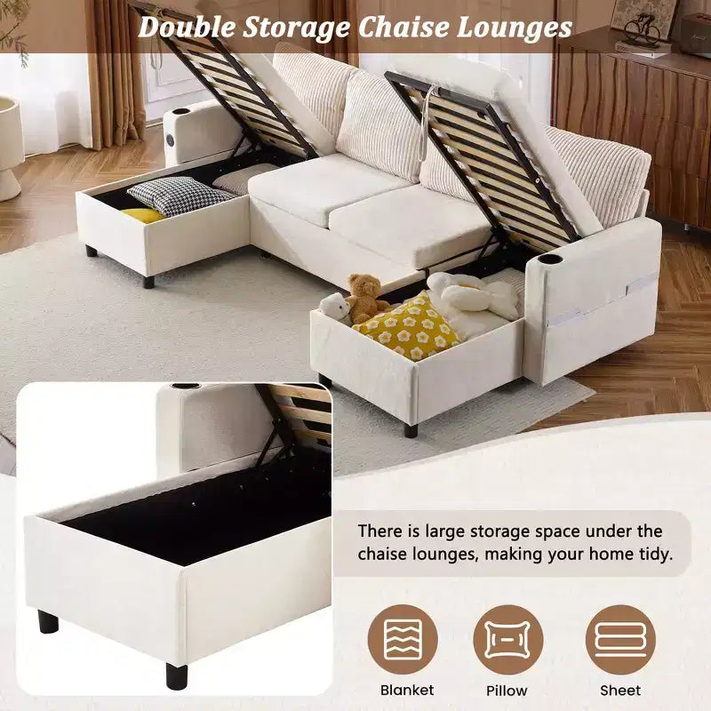 Divano componibile Whisen 113.4, divano letto estraibile, divano versatile con ampio spazio contenitore, due portabicchieri