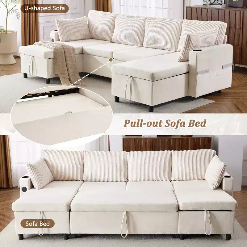 Divano componibile Whisen 113.4, divano letto estraibile, divano versatile con ampio spazio contenitore, due portabicchieri