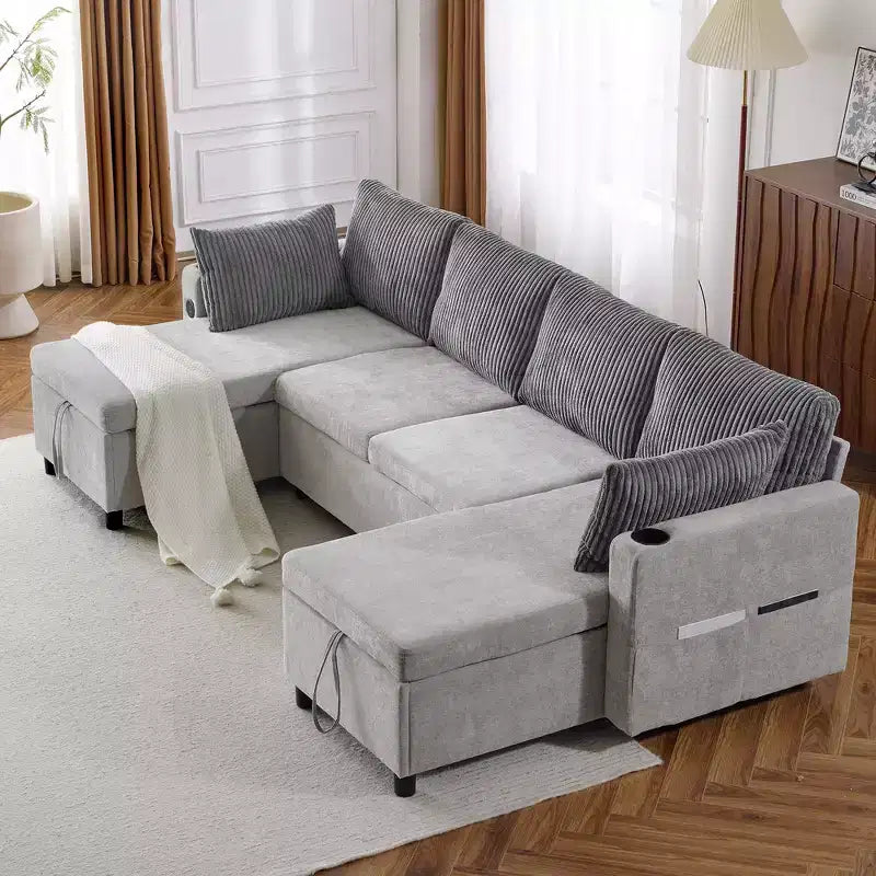 Divano componibile Whisen 113.4, divano letto estraibile, divano versatile con ampio spazio contenitore, due portabicchieri