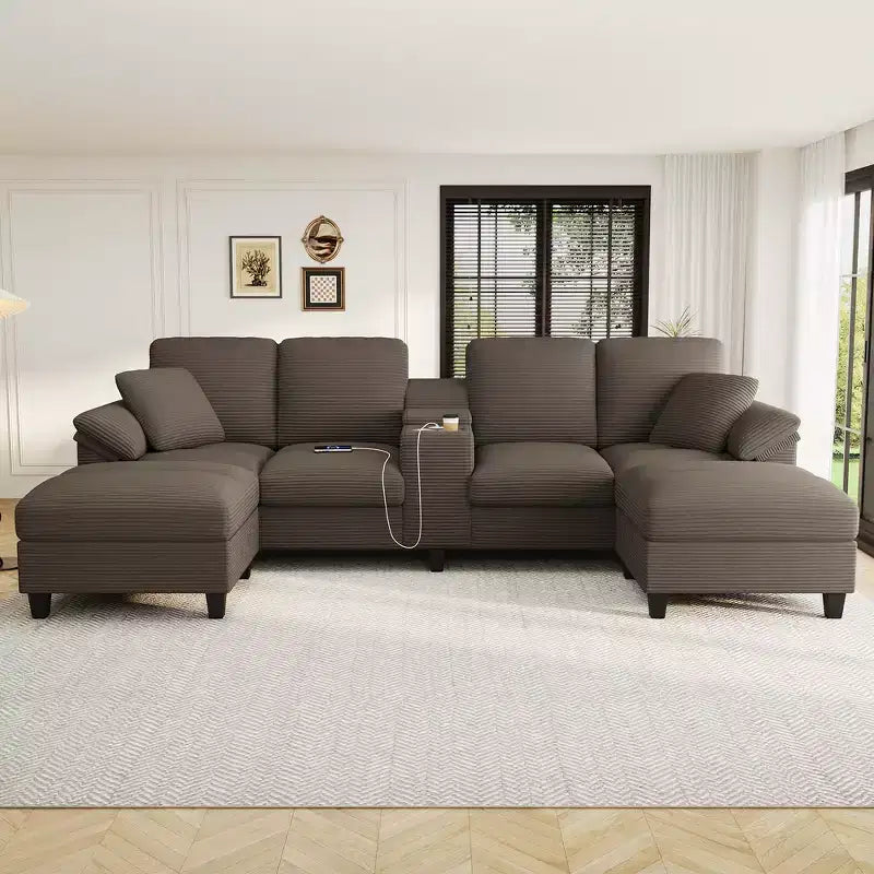 Divano Sezionale Whisen 116.9, Divano Sezionale Moderno a U, Divano Imbottito in Velluto a Coste con Pouf, Portabicchieri