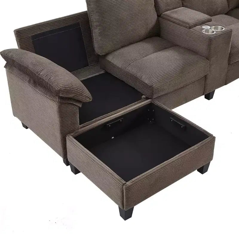 Divano Sezionale Whisen 116.9, Divano Sezionale Moderno a U, Divano Imbottito in Velluto a Coste con Pouf, Portabicchieri