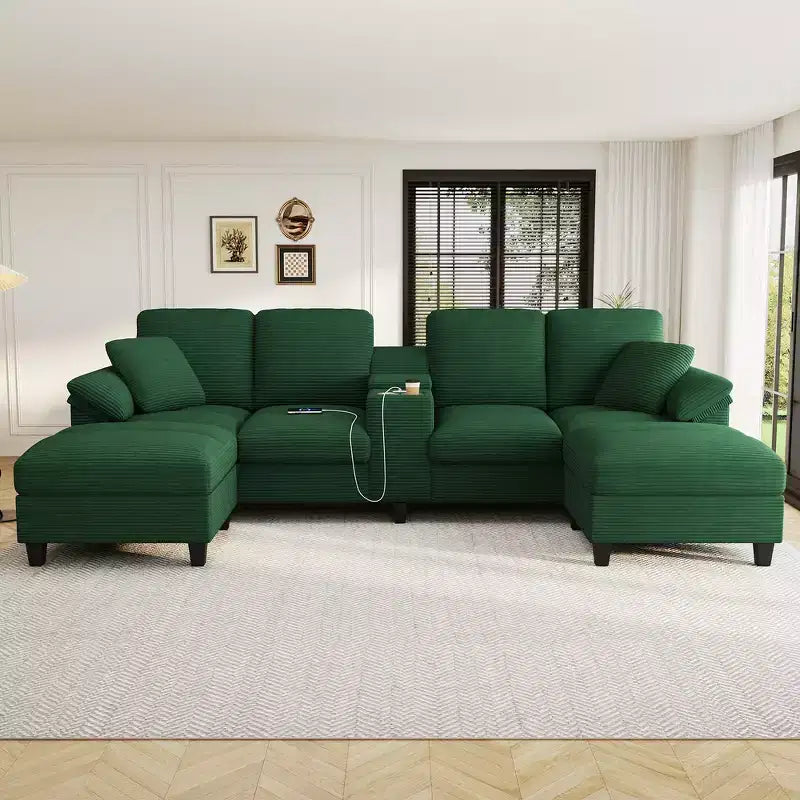 Divano Sezionale Whisen 116.9, Divano Sezionale Moderno a U, Divano Imbottito in Velluto a Coste con Pouf, Portabicchieri