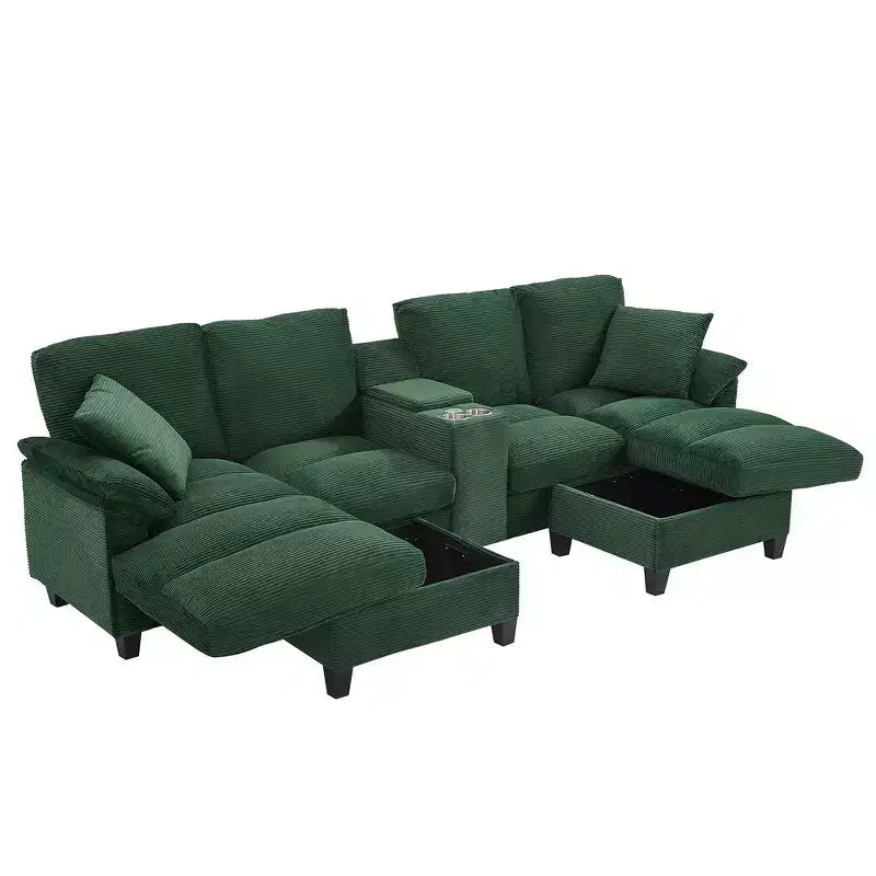 Divano Sezionale Whisen 116.9, Divano Sezionale Moderno a U, Divano Imbottito in Velluto a Coste con Pouf, Portabicchieri