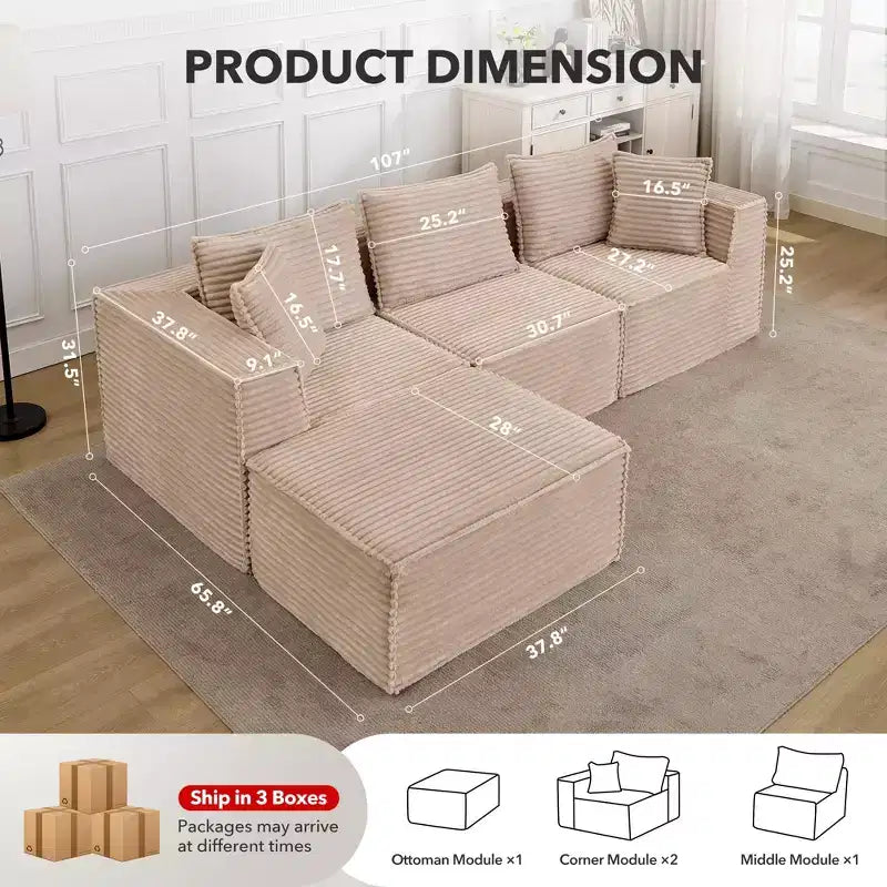 Divano Sezionale Modulare 141 con Pouf - Senza Montaggio, Confezione Sottovuoto, Memory Foam Ultra Morbido, Divano Convertibile per Soggiorno