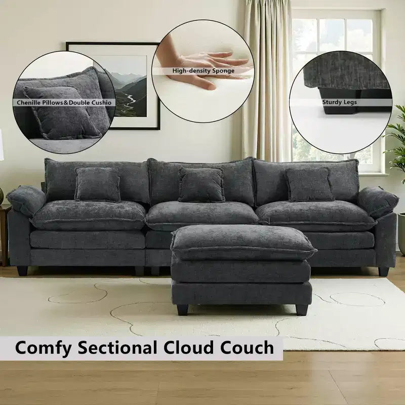 EHMKNP 112 Divano componibile a L, comodo divano Cloud con pouf mobile, cuscini di seduta profondi per soggiorno