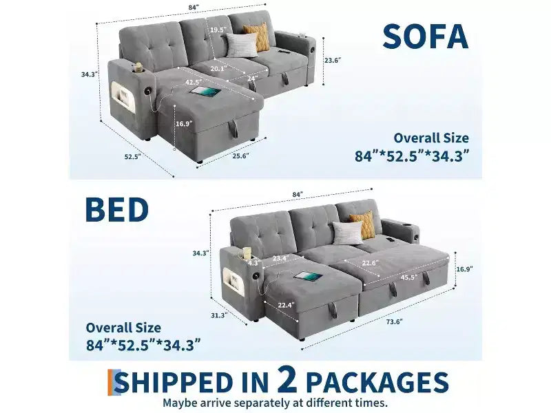COZONY Divano Letto a 3 Posti (84'') con Contenitore, Divano Letto Sezionale Convertibile in Velluto con Luci a LED, Chaise Reversibile e Letto Estraibile per Soggiorno