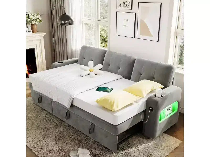 COZONY Divano Letto a 3 Posti (84'') con Contenitore, Divano Letto Sezionale Convertibile in Velluto con Luci a LED, Chaise Reversibile e Letto Estraibile per Soggiorno
