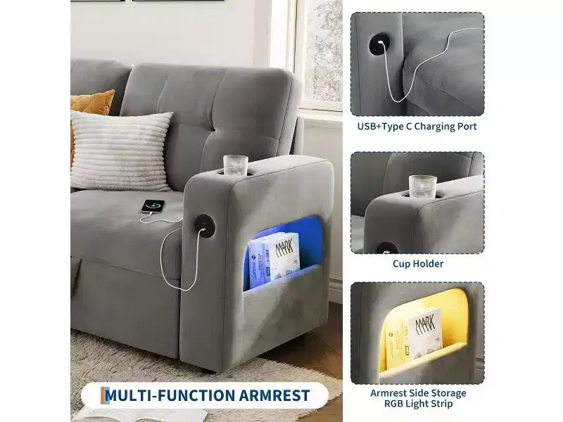COZONY Divano Letto a 3 Posti (84'') con Contenitore, Divano Letto Sezionale Convertibile in Velluto con Luci a LED, Chaise Reversibile e Letto Estraibile per Soggiorno