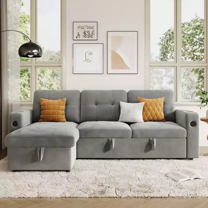 COZONY Divano Letto a 3 Posti (84'') con Contenitore, Divano Letto Sezionale Convertibile in Velluto con Luci a LED, Chaise Reversibile e Letto Estraibile per Soggiorno