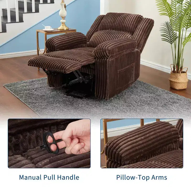 Poltrona reclinabile in velluto a coste, Divano reclinabile manuale con maniglia, Braccioli imbottiti, Imbottitura spessa, Tasca laterale, Soggiorno, Camera da letto, Home Theater, Grigio scuro