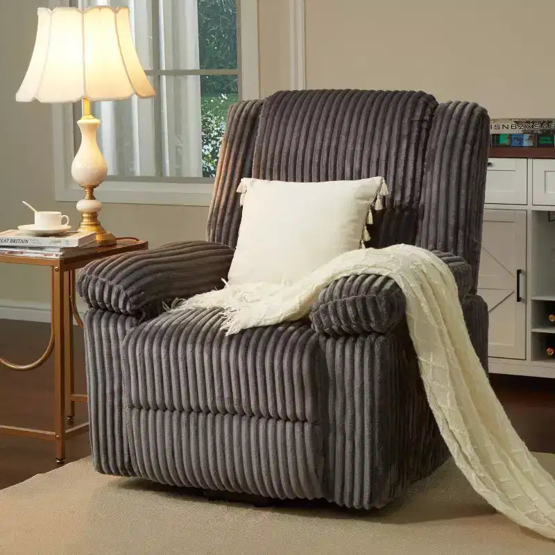 Poltrona reclinabile in velluto a coste, Divano reclinabile manuale con maniglia, Braccioli imbottiti, Imbottitura spessa, Tasca laterale, Soggiorno, Camera da letto, Home Theater, Grigio scuro