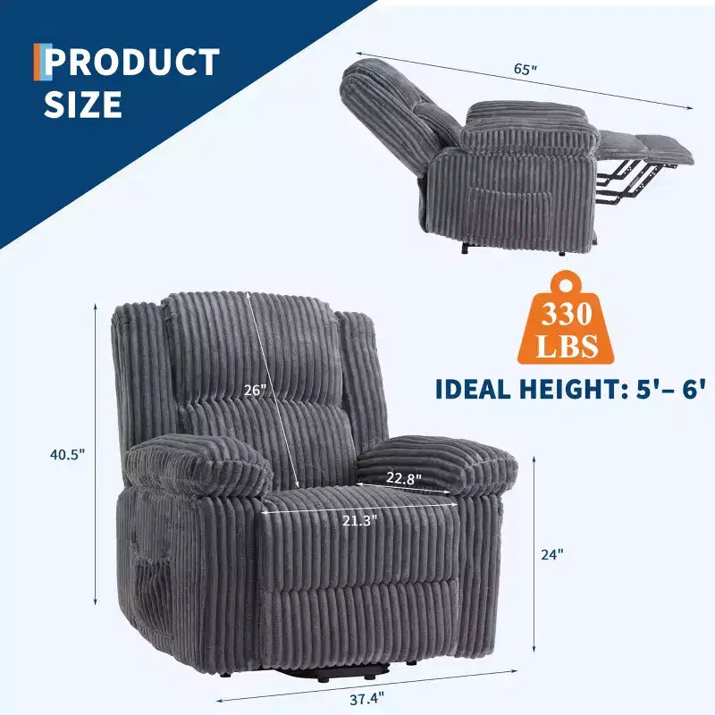 Poltrona reclinabile in velluto a coste, Divano reclinabile manuale con maniglia, Braccioli imbottiti, Imbottitura spessa, Tasca laterale, Soggiorno, Camera da letto, Home Theater, Grigio scuro