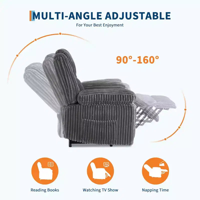 Poltrona reclinabile in velluto a coste, Divano reclinabile manuale con maniglia, Braccioli imbottiti, Imbottitura spessa, Tasca laterale, Soggiorno, Camera da letto, Home Theater, Grigio scuro