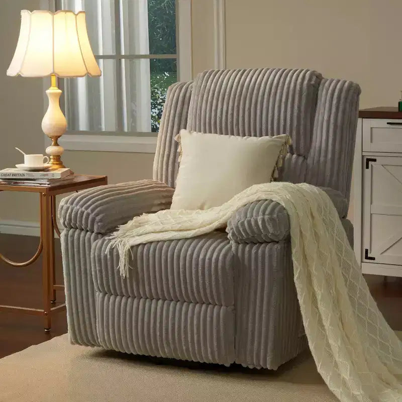 Poltrona reclinabile in velluto a coste, Divano reclinabile manuale con maniglia, Braccioli imbottiti, Imbottitura spessa, Tasca laterale, Soggiorno, Camera da letto, Home Theater, Grigio scuro