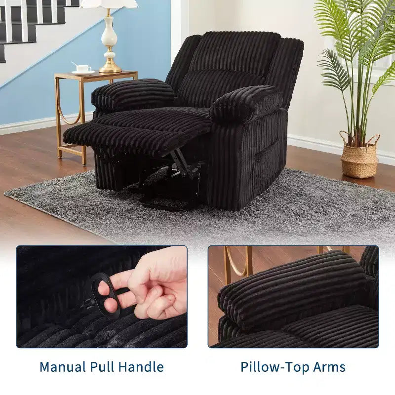 Poltrona reclinabile in velluto a coste, Divano reclinabile manuale con maniglia, Braccioli imbottiti, Imbottitura spessa, Tasca laterale, Soggiorno, Camera da letto, Home Theater, Grigio scuro