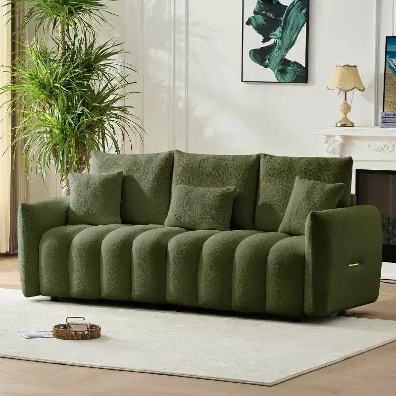 MAYEERTY Divano Premium in Tessuto Teddy da 78 pollici con 3 Cuscini Schienale e 3 Cuscini Seduta, Struttura in Legno Massello, Divano a 3 Posti con Poltrona Imbottita Oversize, Verde
