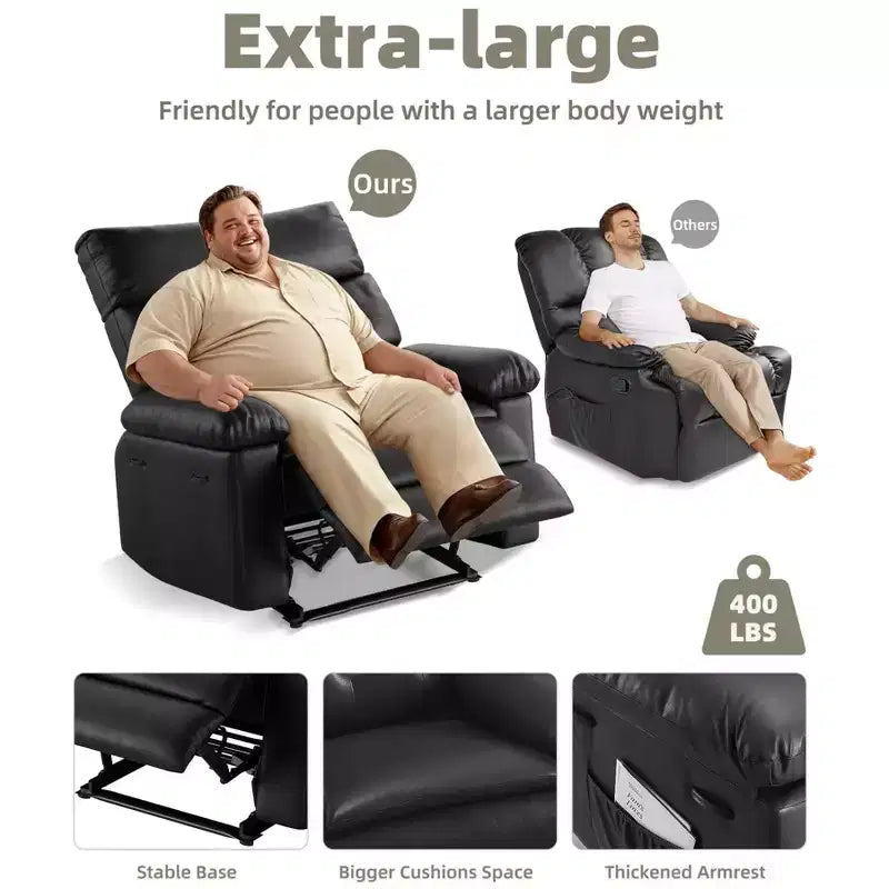 Poltrona Reclinabile Extra Large – Funzione Calore e Massaggio, Ecopelle, Recliner Manuale Extra Largo per Adulti, Grande Poltrona Relax con Braccioli Imbottiti 1.5 Volte più Spessi