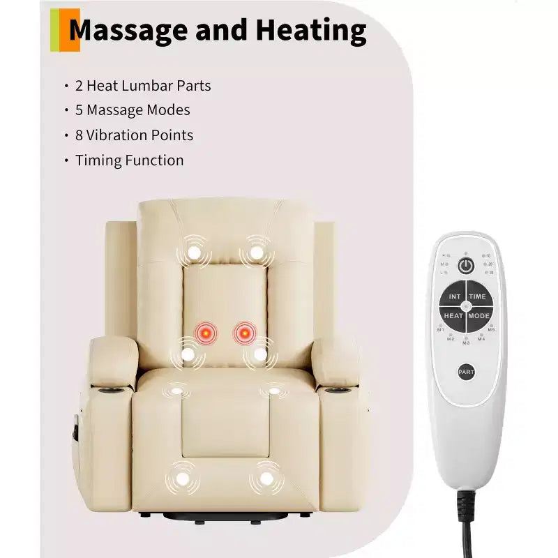 Poltrona Reclinabile Power Lift con Funzione Calore e Massaggio, Reclinabile Elettrica Regolabile in Pelle PU per Anziani, Telecomando, Tasca Laterale, Supporto Confortevole