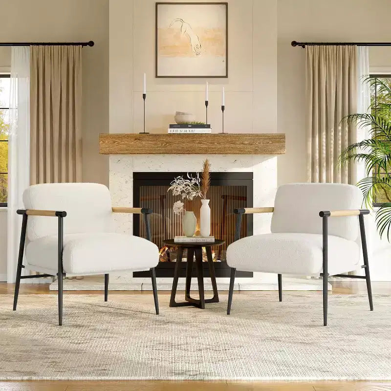 Sedia Decorativa Moderna, Struttura in Metallo e Braccioli in Legno, Sedia da Lettura Imbottita per Camere da Letto e Salotti, Ergonomica, Singola Bianca