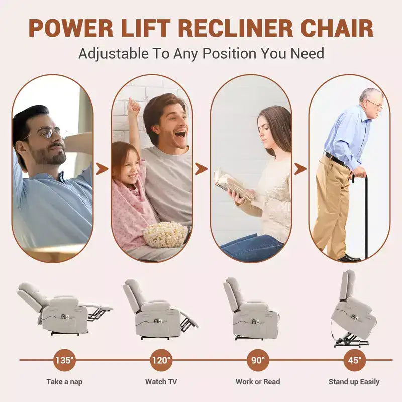 Poltrona reclinabile Power Lift, poltrone reclinabili elettriche oversize per anziani con funzione di riscaldamento e massaggio, portabicchieri, tasca laterale, poltrona singola per soggiorno
