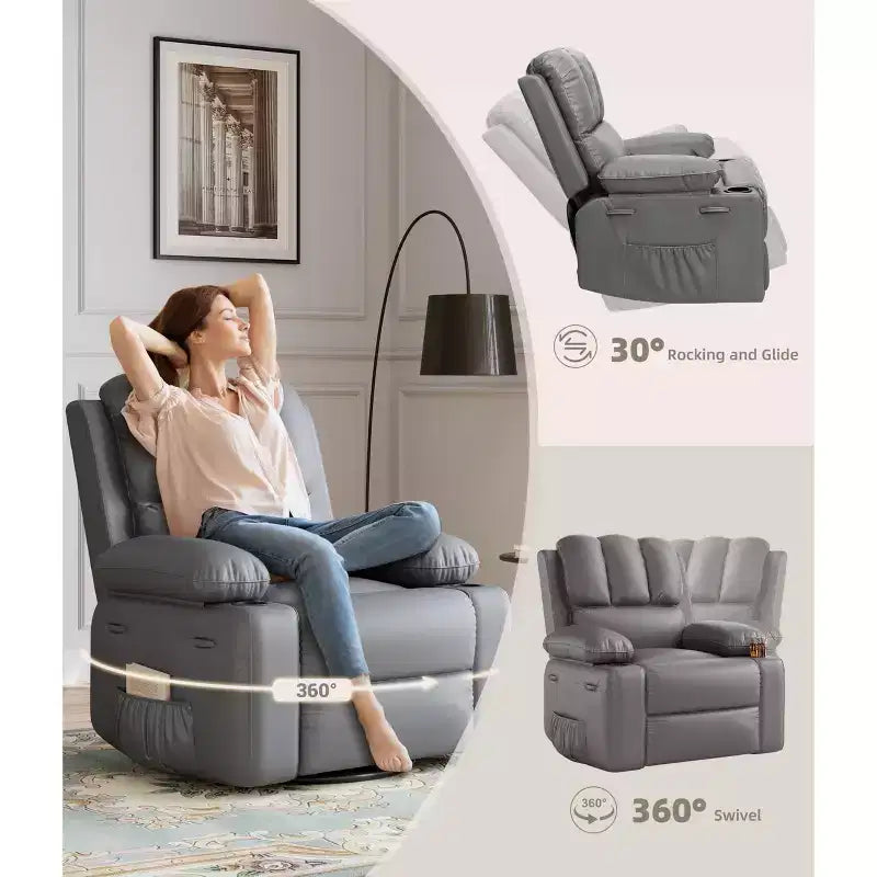 Poltrone reclinabili oversize con riscaldamento e massaggio - Poltrona reclinabile pigra per adulti - Divano singolo manuale con portabicchieri per soggiorni, camere da letto