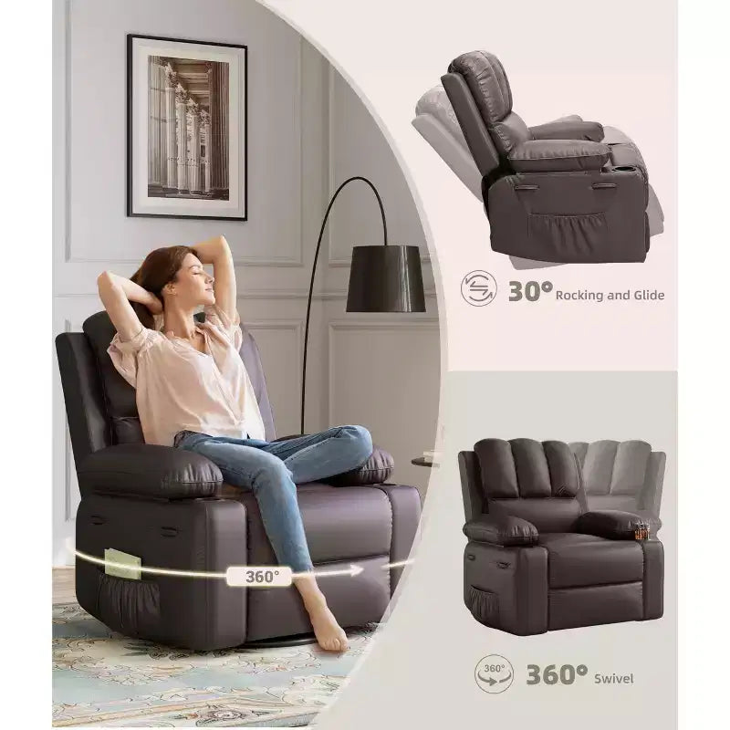 Poltrone reclinabili oversize con riscaldamento e massaggio - Poltrona reclinabile pigra per adulti - Divano singolo manuale con portabicchieri per soggiorni, camere da letto
