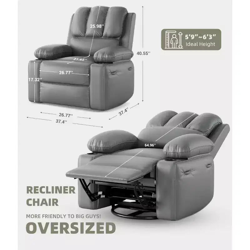 Poltrone reclinabili oversize con riscaldamento e massaggio - Poltrona reclinabile pigra per adulti - Divano singolo manuale con portabicchieri per soggiorni, camere da letto