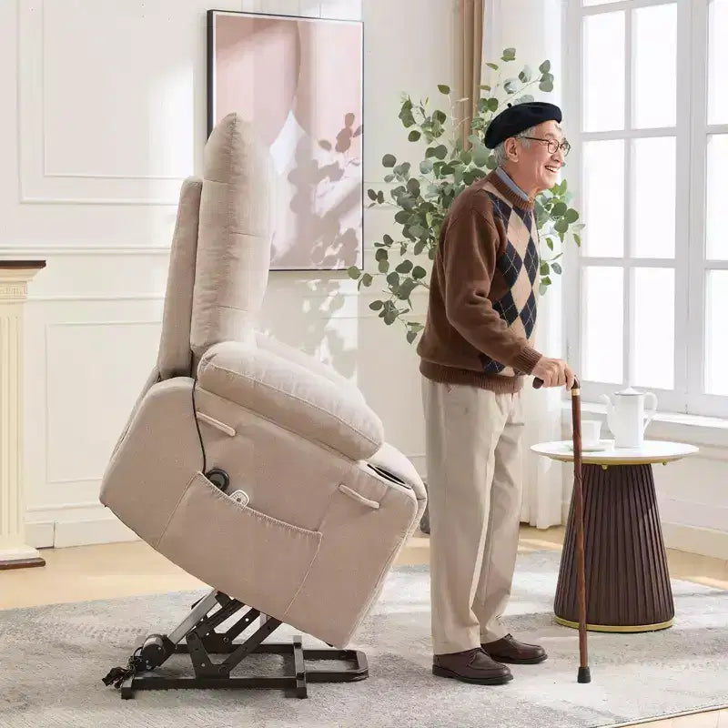 Poltrona Reclinabile Power Lift per Anziani - Reclinabile Elettrica con Massaggio e Riscaldamento con Sollevamento Assistito a 45°, Divano da Soggiorno, Dondolo Girevole con Portabicchieri