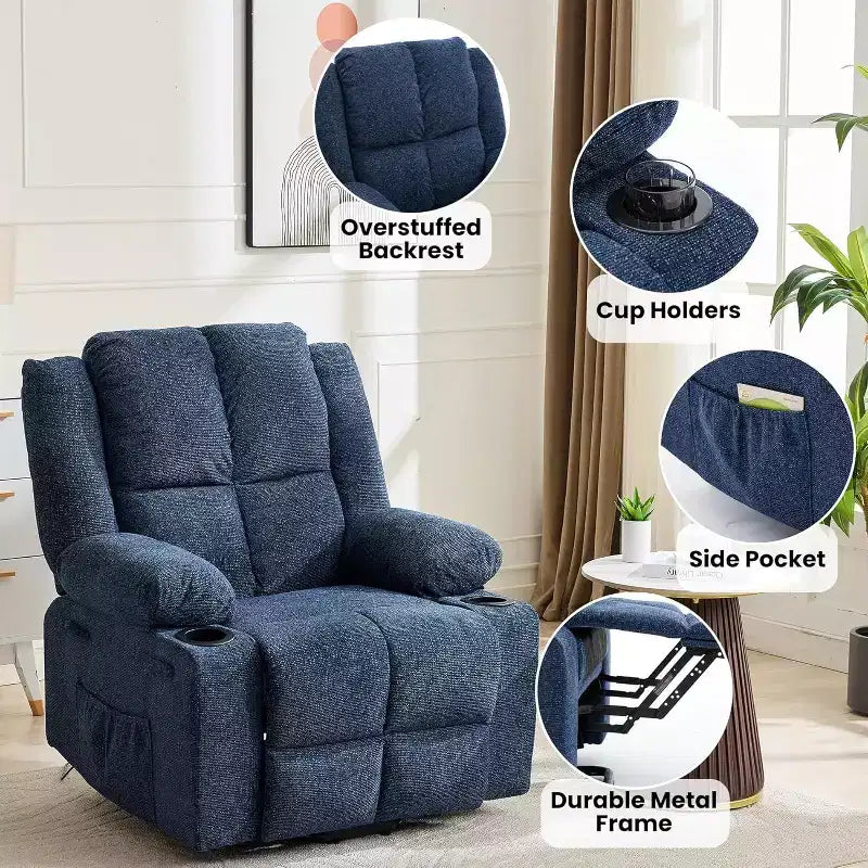 Poltrona reclinabile elettrica per anziani oversize con sollevamento assistito, reclinabile a 135° con funzione massaggio e riscaldamento, 2 portabicchieri