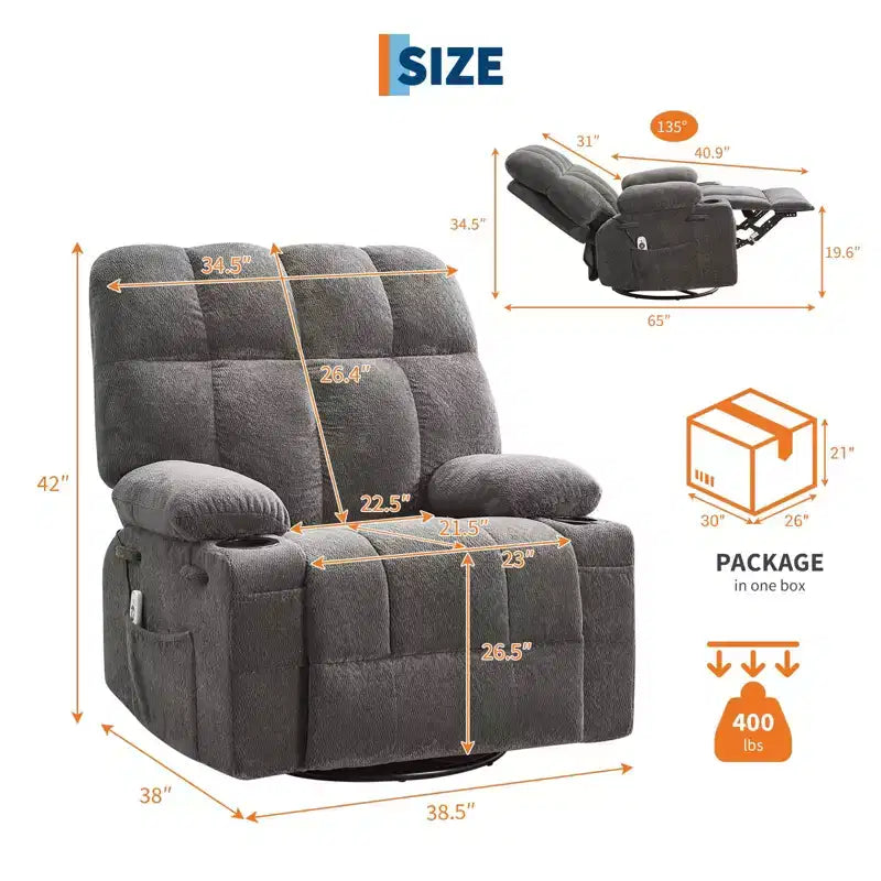Poltrona reclinabile massaggiante Ultra-Comfort di grandi dimensioni con riscaldamento, poltrona girevole a dondolo manuale, include supporto lombare, tasche laterali e doppi portabicchieri per persone alte e robuste