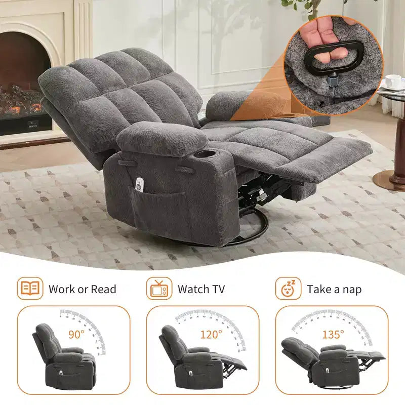 Poltrona reclinabile massaggiante Ultra-Comfort di grandi dimensioni con riscaldamento, poltrona girevole a dondolo manuale, include supporto lombare, tasche laterali e doppi portabicchieri per persone alte e robuste