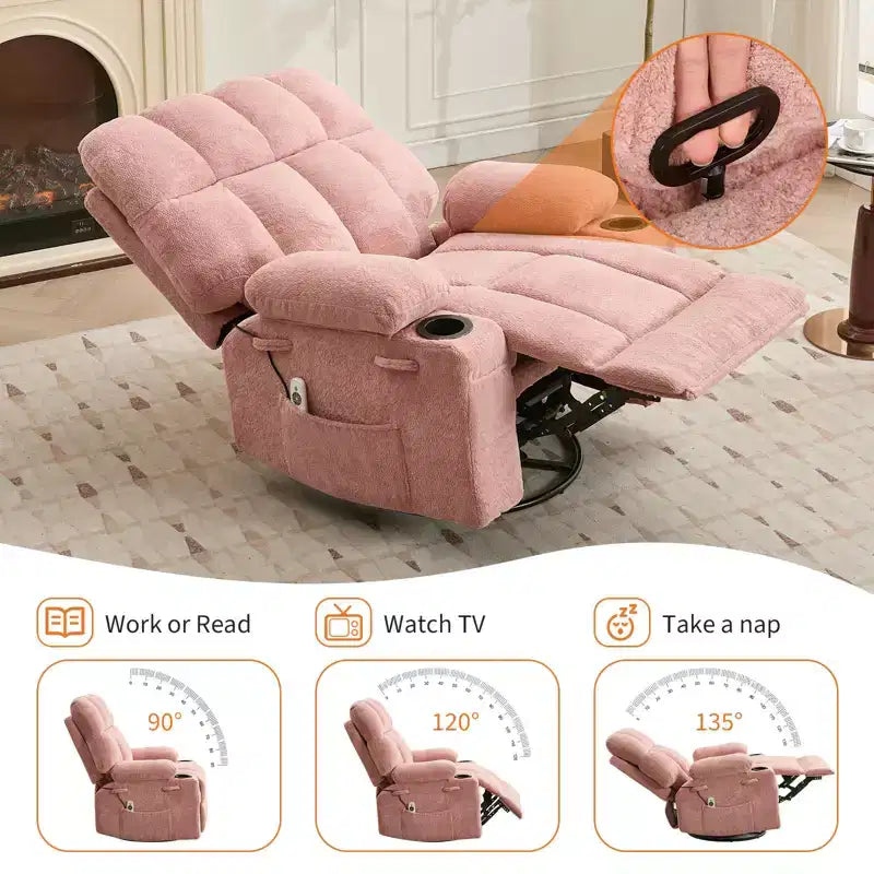 Poltrona reclinabile massaggiante Ultra-Comfort di grandi dimensioni con riscaldamento, poltrona girevole a dondolo manuale, include supporto lombare, tasche laterali e doppi portabicchieri per persone alte e robuste