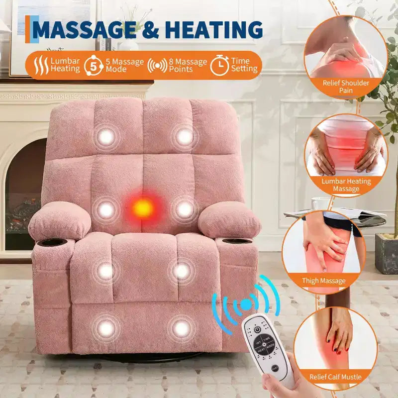 Poltrona reclinabile massaggiante Ultra-Comfort di grandi dimensioni con riscaldamento, poltrona girevole a dondolo manuale, include supporto lombare, tasche laterali e doppi portabicchieri per persone alte e robuste