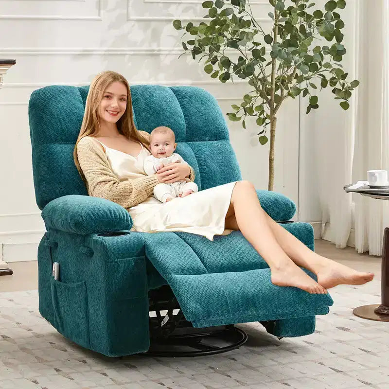 Poltrona reclinabile massaggiante Ultra-Comfort di grandi dimensioni con riscaldamento, poltrona girevole a dondolo manuale, include supporto lombare, tasche laterali e doppi portabicchieri per persone alte e robuste