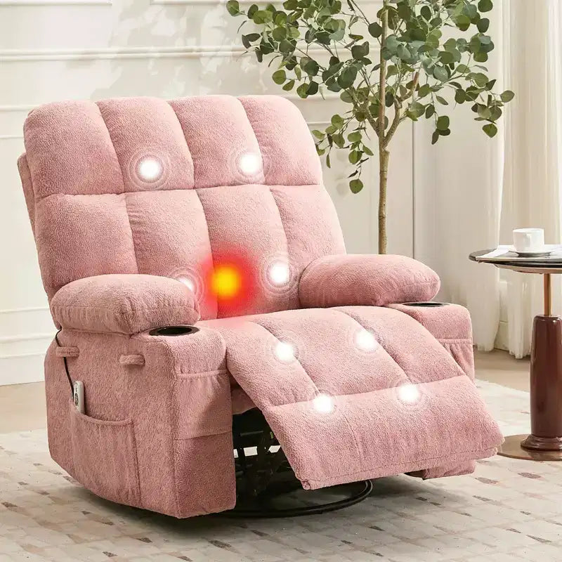 Poltrona reclinabile massaggiante Ultra-Comfort di grandi dimensioni con riscaldamento, poltrona girevole a dondolo manuale, include supporto lombare, tasche laterali e doppi portabicchieri per persone alte e robuste