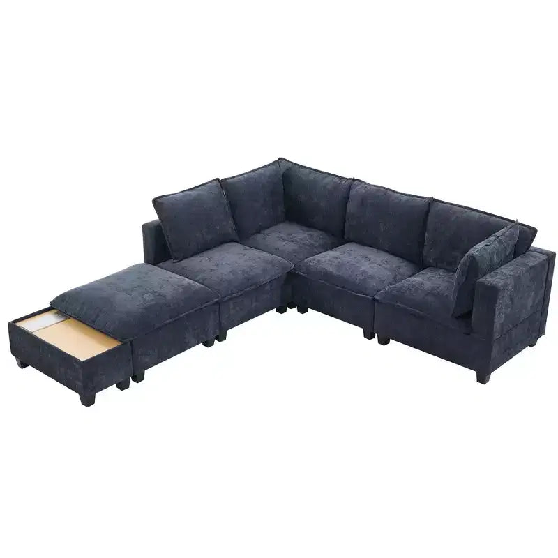 Divano componibile Whisen 90 a forma di U con pouf mobile, un tavolino da caffè con dispositivi di ricarica a scomparsa