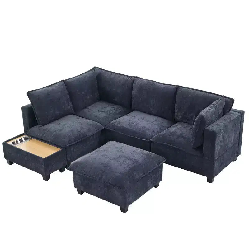Divano componibile Whisen 90 a forma di U con pouf mobile, un tavolino da caffè con dispositivi di ricarica a scomparsa