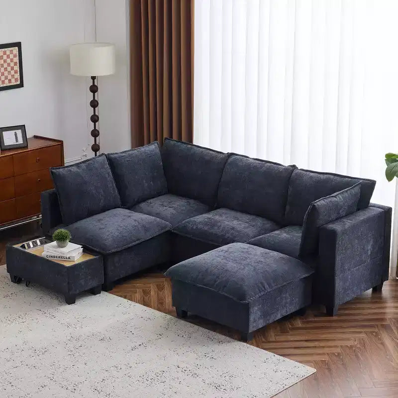 Divano componibile Whisen 90 a forma di U con pouf mobile, un tavolino da caffè con dispositivi di ricarica a scomparsa