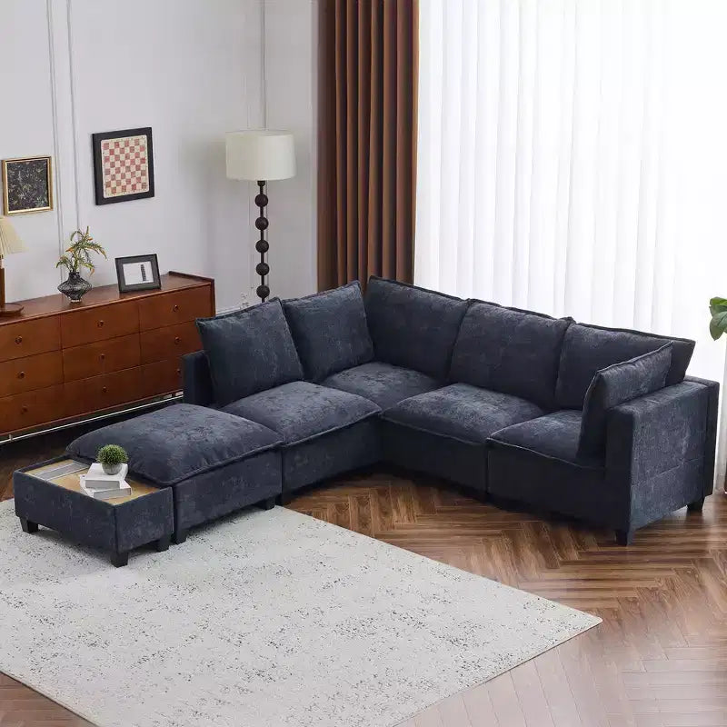 Divano componibile Whisen 90 a forma di U con pouf mobile, un tavolino da caffè con dispositivi di ricarica a scomparsa