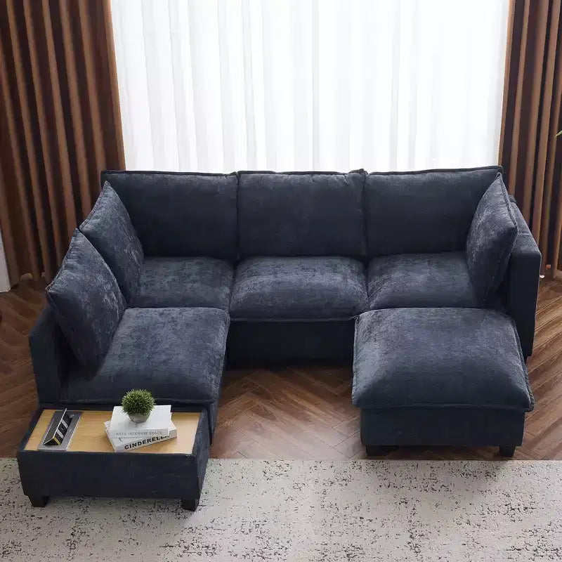 Divano componibile Whisen 90 a forma di U con pouf mobile, un tavolino da caffè con dispositivi di ricarica a scomparsa