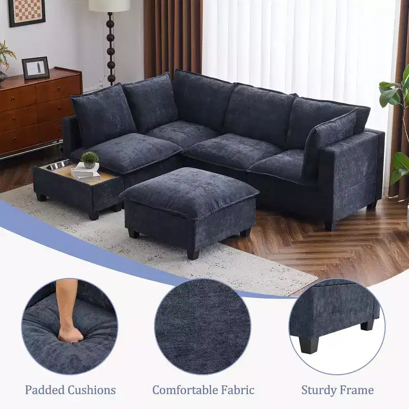 Divano componibile Whisen 90 a forma di U con pouf mobile, un tavolino da caffè con dispositivi di ricarica a scomparsa