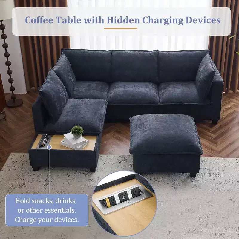 Divano componibile Whisen 90 a forma di U con pouf mobile, un tavolino da caffè con dispositivi di ricarica a scomparsa