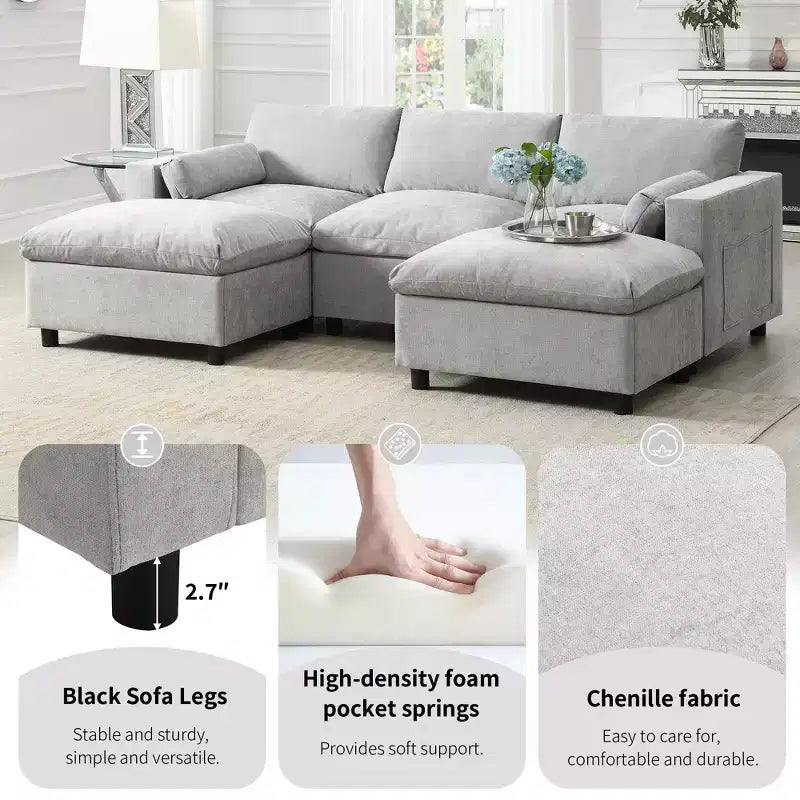 Divano Sezionale Modulare in Ciniglia Clihome da 86.5'', Divano a U a 5 Posti con Tasche Contenitore, Divano Moderno Cloud con 2 Pouf Mobili per Soggiorno