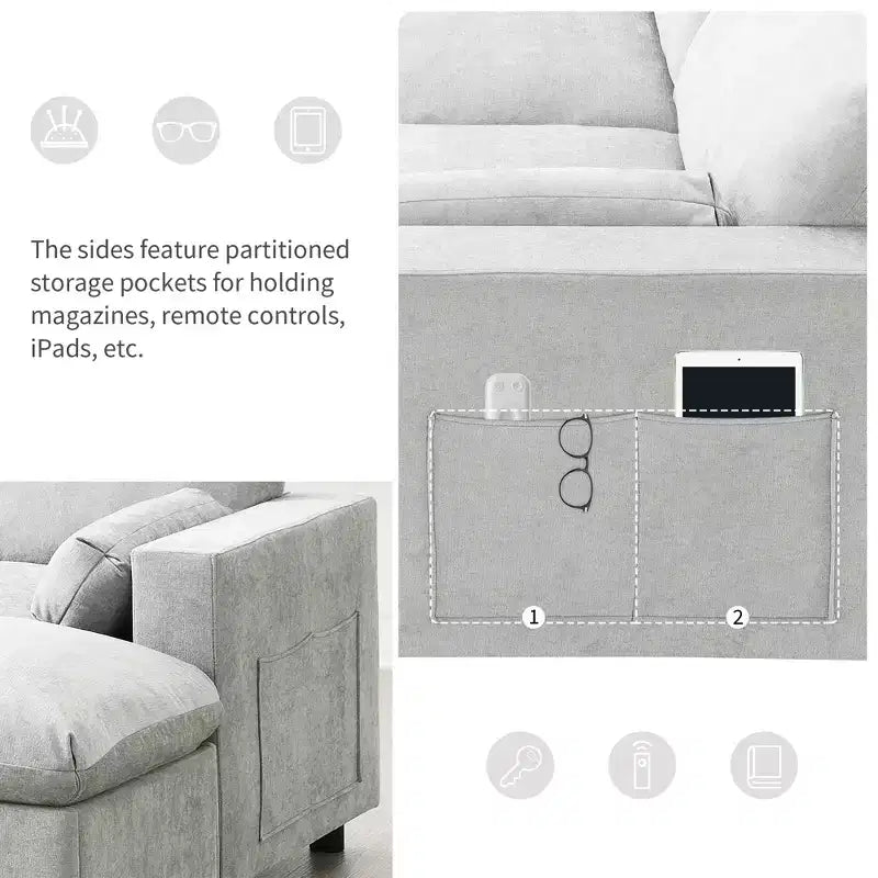 Divano Sezionale Modulare in Ciniglia Clihome da 86.5'', Divano a U a 5 Posti con Tasche Contenitore, Divano Moderno Cloud con 2 Pouf Mobili per Soggiorno