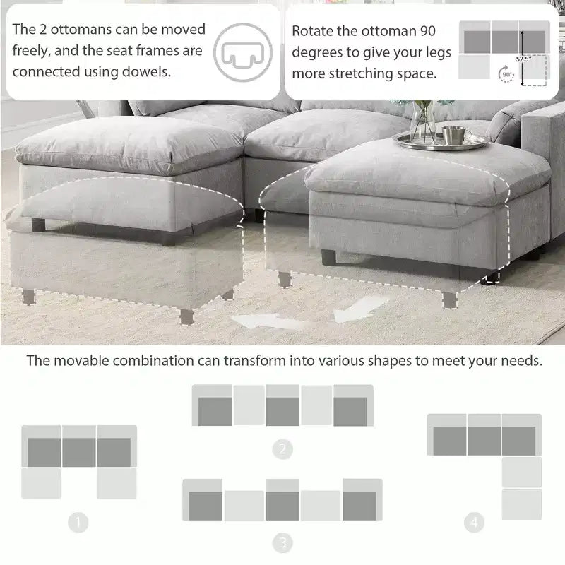 Divano Sezionale Modulare in Ciniglia Clihome da 86.5'', Divano a U a 5 Posti con Tasche Contenitore, Divano Moderno Cloud con 2 Pouf Mobili per Soggiorno